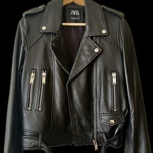 Zara Women’s Black Leather Moto Jacket (Sheep leather)